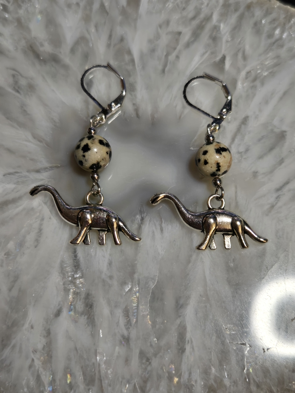 Silver Dinosaur Drop Earrings with Dalmation Jasper